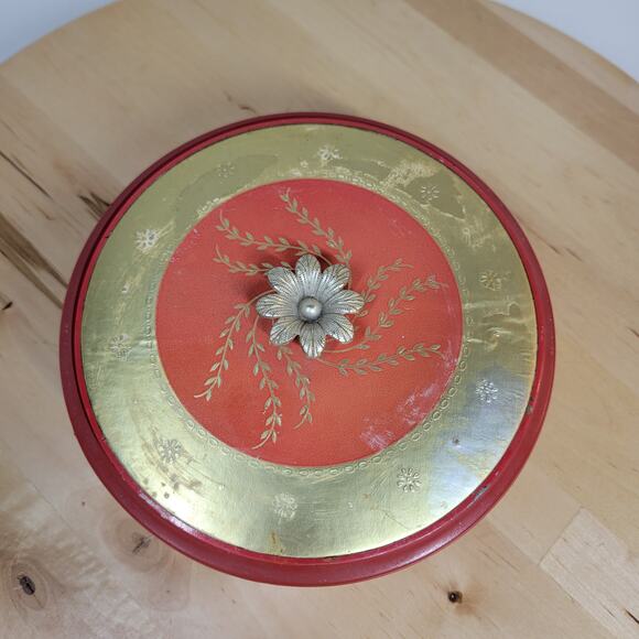 Vintage AVON Persian Wood Beauty Dust Dish 5" Red Gold Floral Lid Puff - Picture 3 of 12